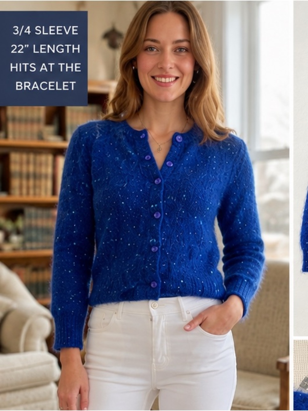 Vintage Mohair Lurex Cardigan Blue Soft 80s 90s Cozy Glam Sparkle Sweater S